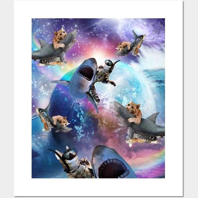 Space Cat Riding Shark, Galaxy Rainbow Cats On Sharks Wall Art by Random Galaxy